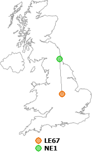 map showing distance between LE67 and NE1