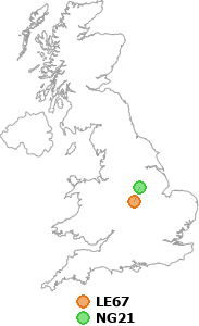 map showing distance between LE67 and NG21