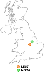 map showing distance between LE67 and NG24