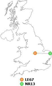 map showing distance between LE67 and NR13