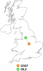 map showing distance between LE67 and OL2