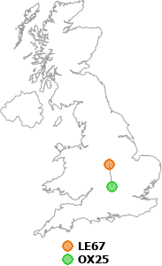 map showing distance between LE67 and OX25