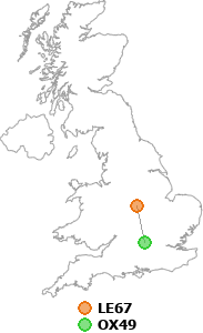 map showing distance between LE67 and OX49