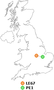 map showing distance between LE67 and PE1