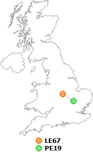 map showing distance between LE67 and PE19