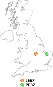 map showing distance between LE67 and PE37