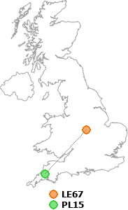 map showing distance between LE67 and PL15