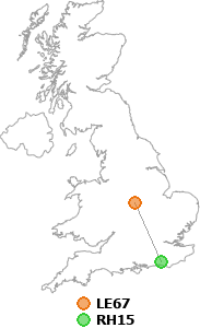 map showing distance between LE67 and RH15
