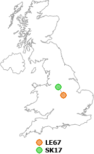 map showing distance between LE67 and SK17