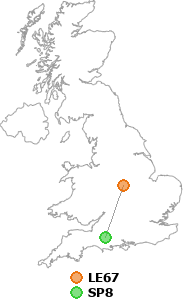 map showing distance between LE67 and SP8