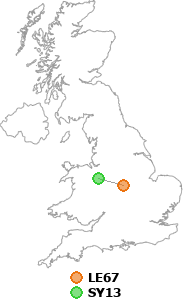 map showing distance between LE67 and SY13