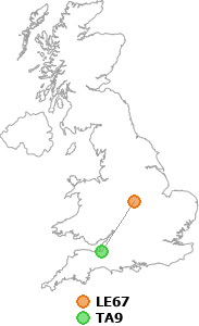 map showing distance between LE67 and TA9