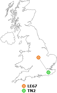 map showing distance between LE67 and TN2