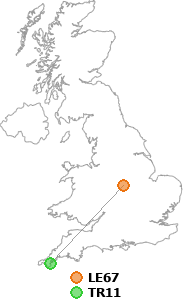 map showing distance between LE67 and TR11