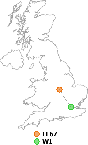map showing distance between LE67 and W1