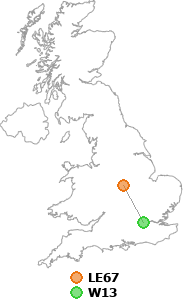 map showing distance between LE67 and W13