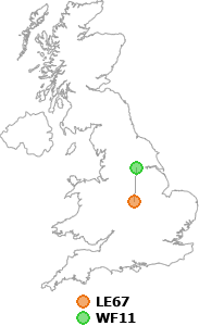 map showing distance between LE67 and WF11