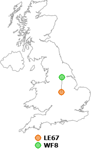 map showing distance between LE67 and WF8