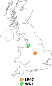 map showing distance between LE67 and WN1