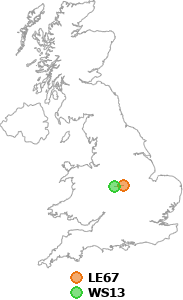 map showing distance between LE67 and WS13