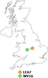 map showing distance between LE67 and WV16
