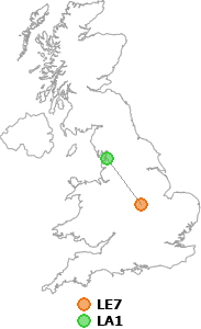 map showing distance between LE7 and LA1