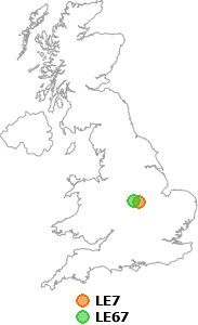 map showing distance between LE7 and LE67