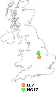 map showing distance between LE7 and NG17