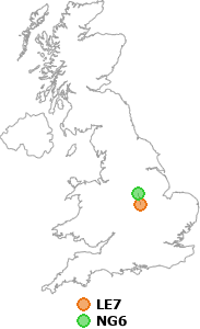 map showing distance between LE7 and NG6