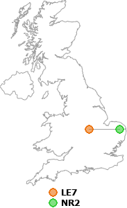 map showing distance between LE7 and NR2
