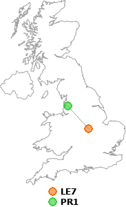 map showing distance between LE7 and PR1