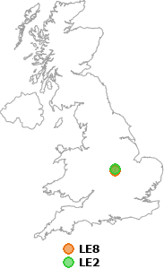 map showing distance between LE8 and LE2