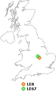 map showing distance between LE8 and LE67