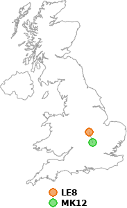 map showing distance between LE8 and MK12