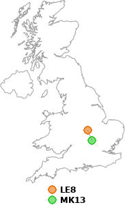 map showing distance between LE8 and MK13