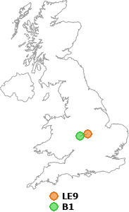 map showing distance between LE9 and B1