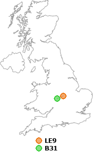 map showing distance between LE9 and B31