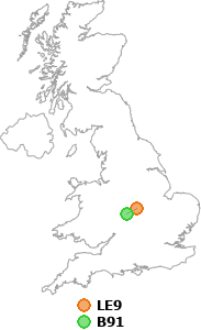 map showing distance between LE9 and B91