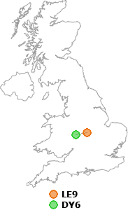 map showing distance between LE9 and DY6