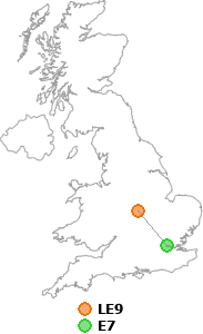map showing distance between LE9 and E7