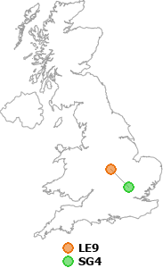 map showing distance between LE9 and SG4