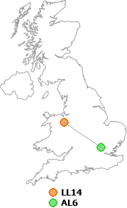 map showing distance between LL14 and AL6