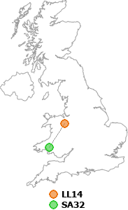 map showing distance between LL14 and SA32
