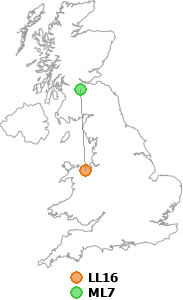 map showing distance between LL16 and ML7