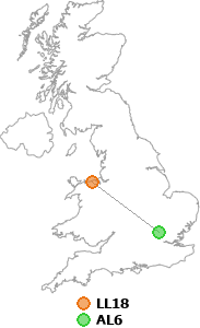 map showing distance between LL18 and AL6