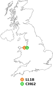 map showing distance between LL18 and CH62