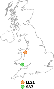 map showing distance between LL21 and SA7