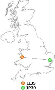 map showing distance between LL35 and IP30