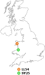 map showing distance between LL54 and SY25