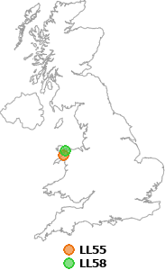 map showing distance between LL55 and LL58